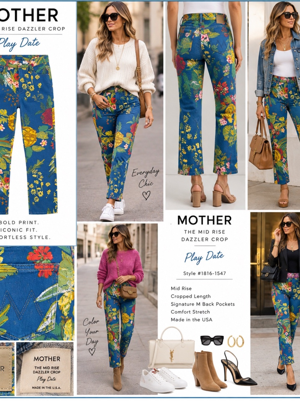 MOTHER Blue Floral Play Date Cropped Jeans